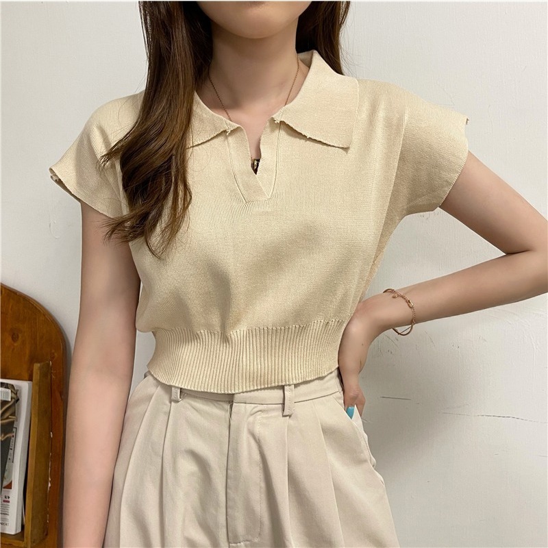 【JDUDS】 修身短版POLO衫針織露肚翻領衫 韓版薄簡約時尚夏季潮流款針織翻領t 舒適 百搭-細節圖6