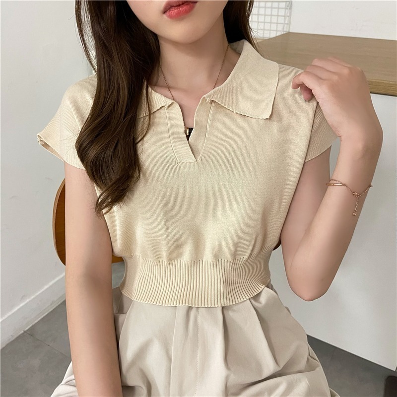 【JDUDS】 修身短版POLO衫針織露肚翻領衫 韓版薄簡約時尚夏季潮流款針織翻領t 舒適 百搭-細節圖7