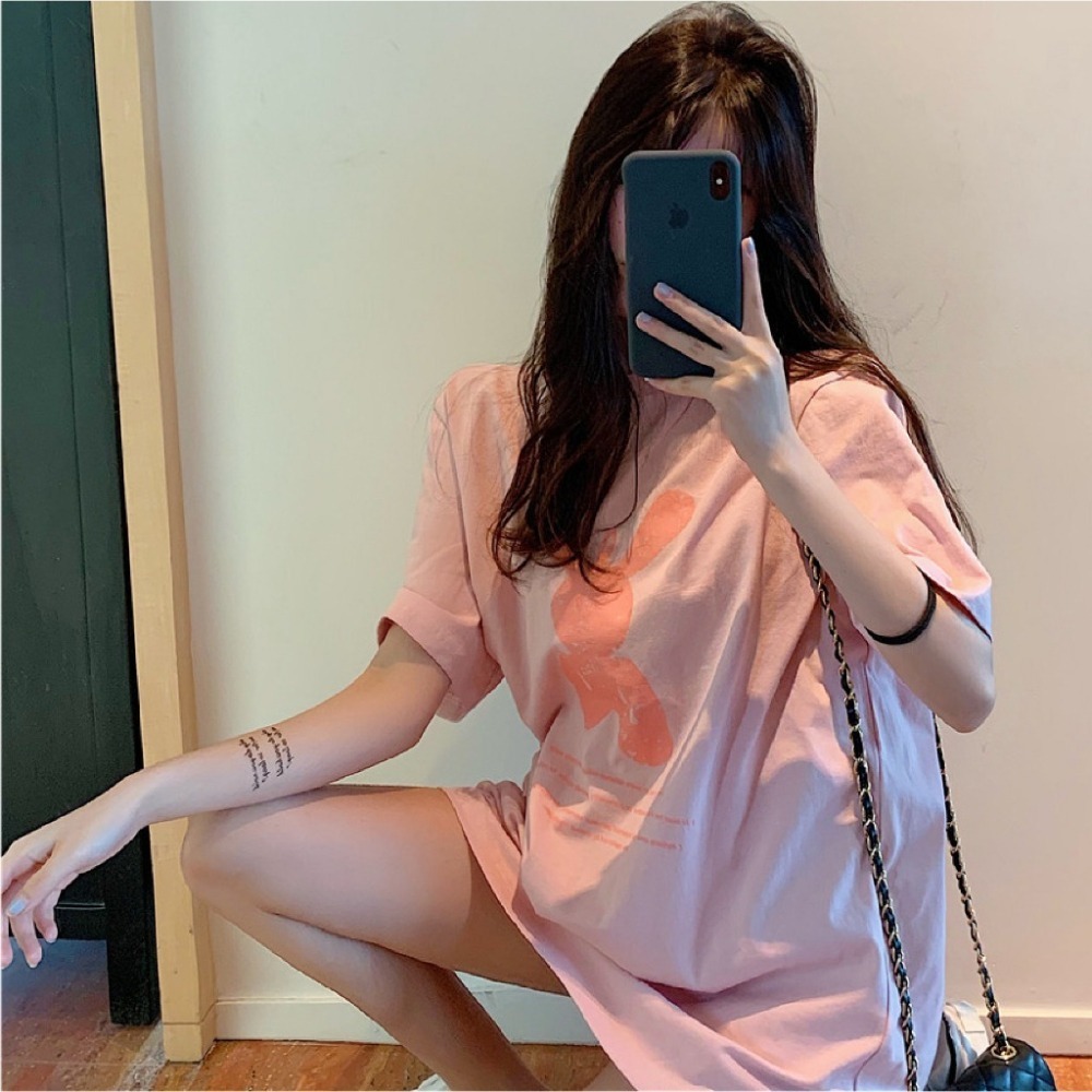 【JDUDS】可愛俏皮塗鴉兔圓領短袖T-恤 中長寬鬆打底衫 閨蜜裝 INS風 可愛 短袖T 百搭-細節圖4