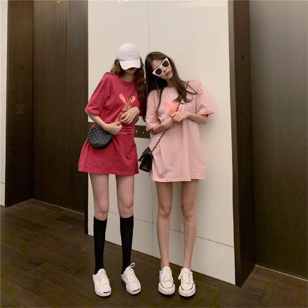 【JDUDS】可愛俏皮塗鴉兔圓領短袖T-恤 中長寬鬆打底衫 閨蜜裝 INS風 可愛 短袖T 百搭-細節圖6