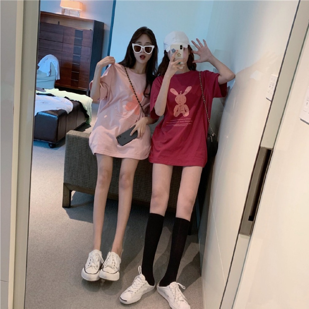 【JDUDS】可愛俏皮塗鴉兔圓領短袖T-恤 中長寬鬆打底衫 閨蜜裝 INS風 可愛 短袖T 百搭-細節圖8