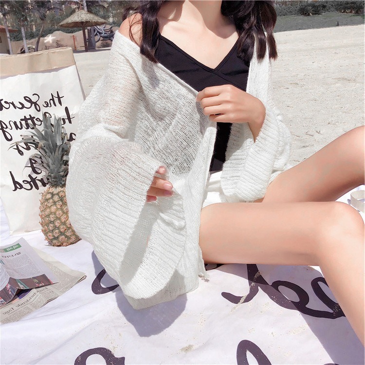 【JDUDS】 薄款針織夏季寬鬆韓版長袖冰絲防曬罩衫 夏季海灘 百搭顯瘦罩衫-細節圖3