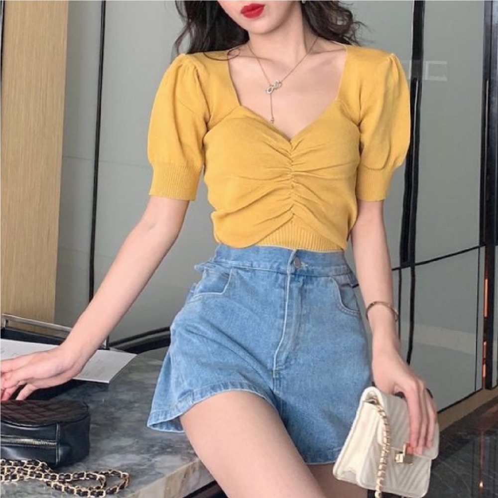 【JDUDS】 夏季時尚復古泡泡袖短款打底修身V領短袖針織短T 拉皺V領泡泡T 可甜可鹹-規格圖9