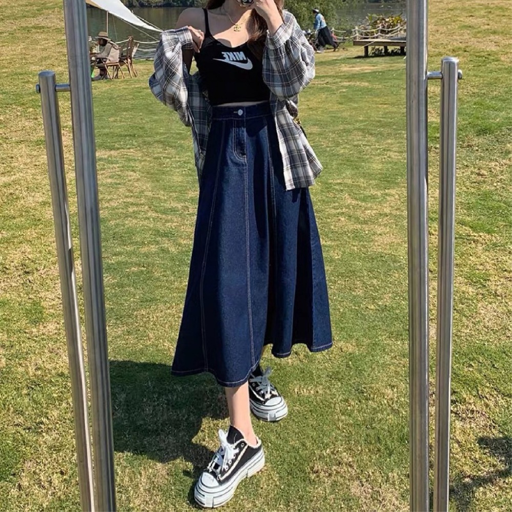 【JDUDS】復古高腰中長款牛仔裙 A字牛仔裙 高腰顯瘦傘裙-細節圖4