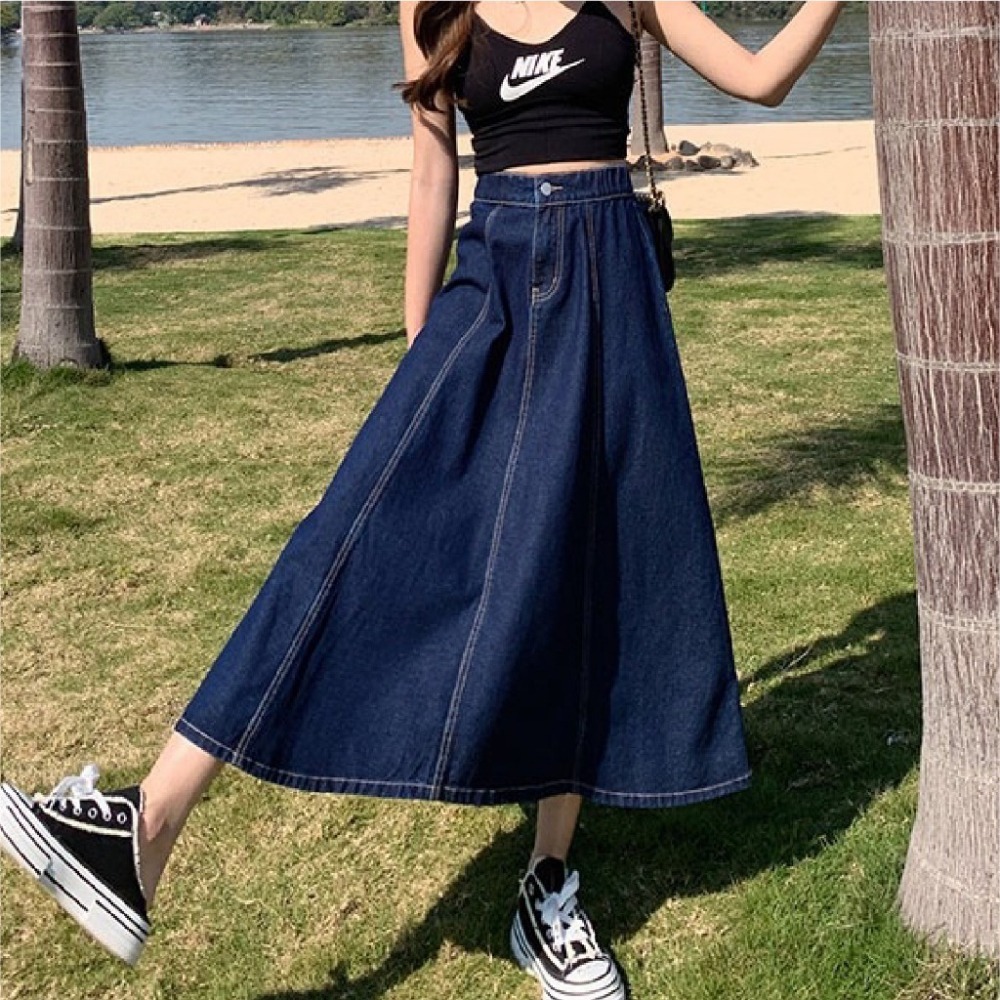 【JDUDS】復古高腰中長款牛仔裙 A字牛仔裙 高腰顯瘦傘裙-細節圖6