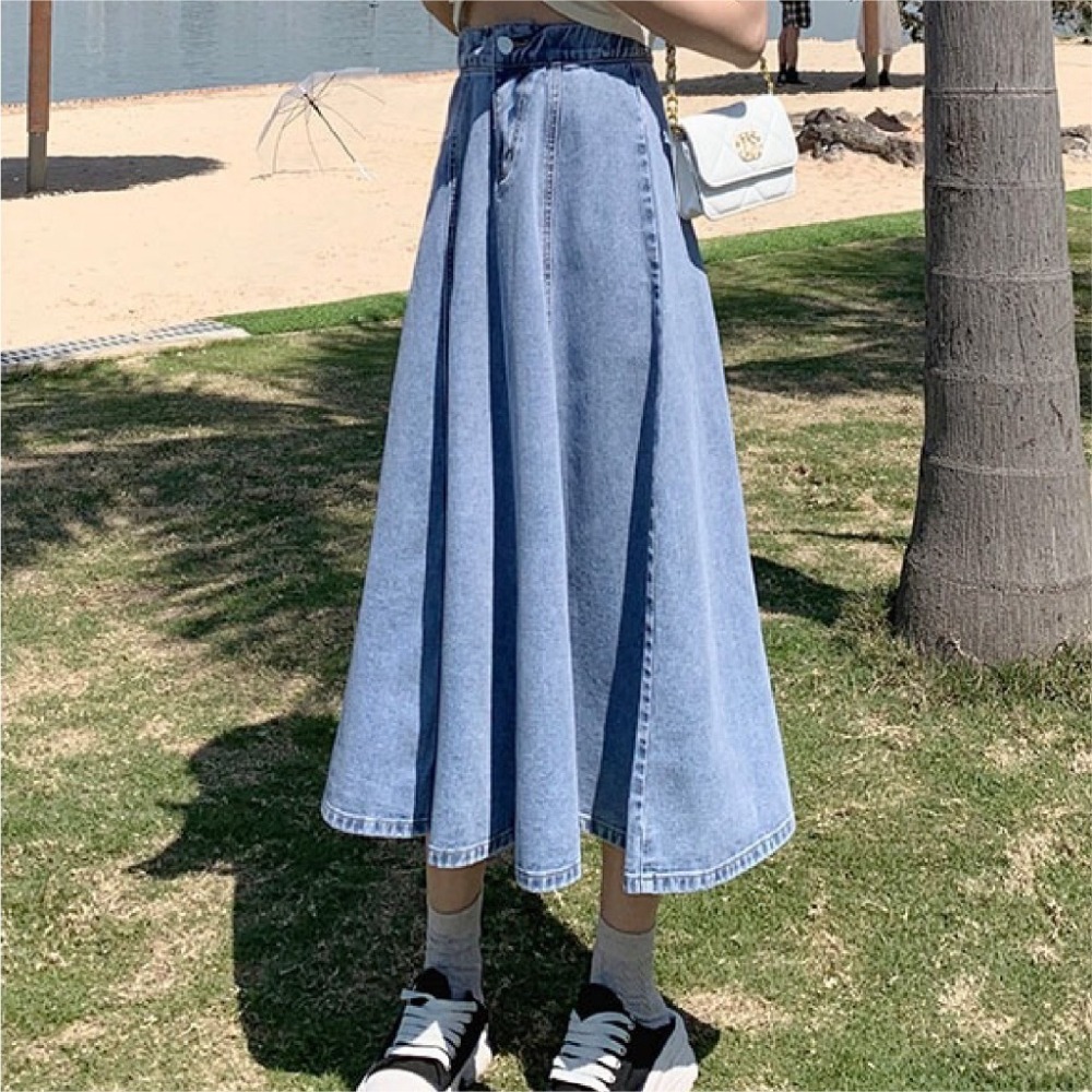 【JDUDS】復古高腰中長款牛仔裙 A字牛仔裙 高腰顯瘦傘裙-細節圖7