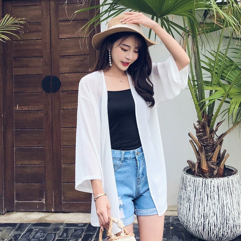 【JDUDS】韓系雪紡七分袖防曬罩衫 沙灘罩衫 光板雪紡罩衫 罩衫外套-細節圖2