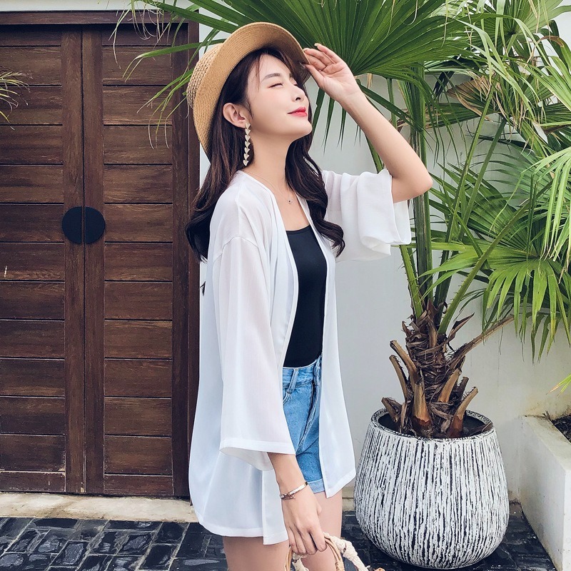 【JDUDS】韓系雪紡七分袖防曬罩衫 沙灘罩衫 光板雪紡罩衫 罩衫外套-細節圖3
