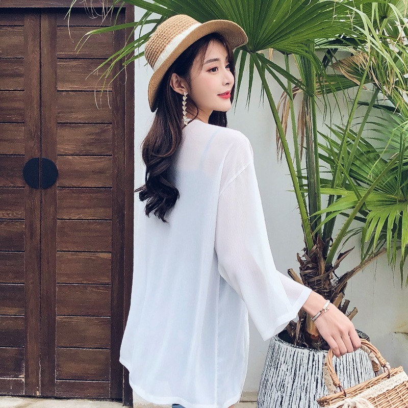 【JDUDS】韓系雪紡七分袖防曬罩衫 沙灘罩衫 光板雪紡罩衫 罩衫外套-細節圖5