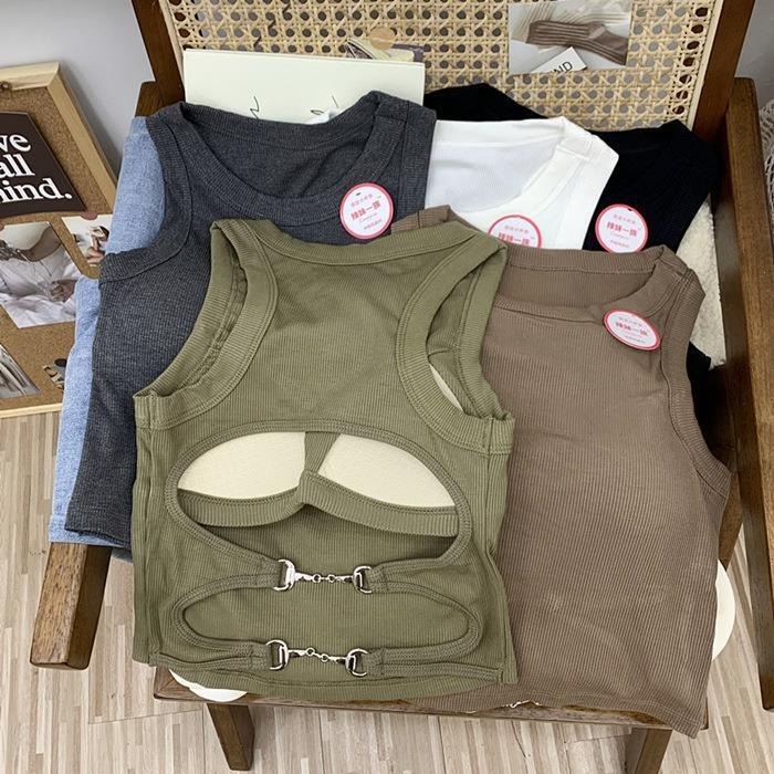 【JDUDS】 ins風韓版辣妹小吊帶背心 無袖圓領固定胸墊背心 設計露背背心 螺紋背心一體式bra-細節圖5