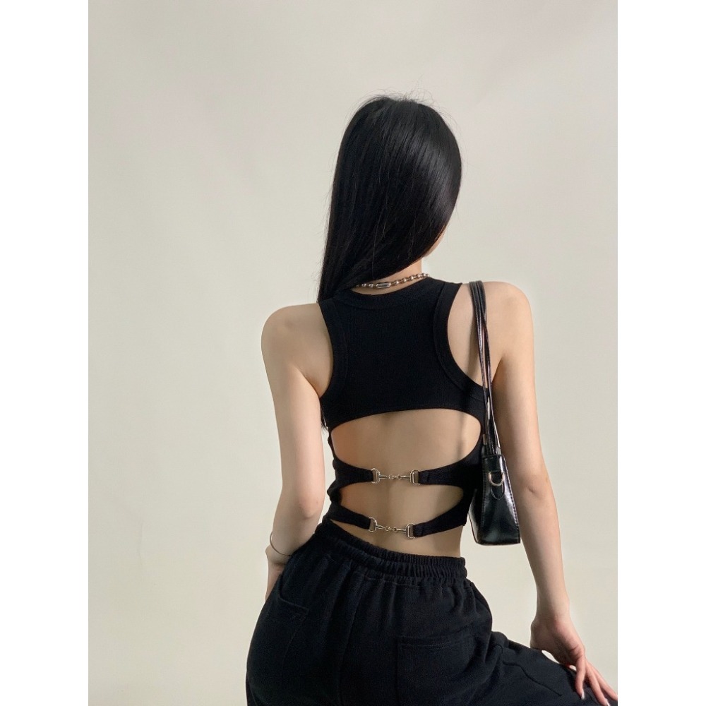 【JDUDS】 ins風韓版辣妹小吊帶背心 無袖圓領固定胸墊背心 設計露背背心 螺紋背心一體式bra-細節圖9