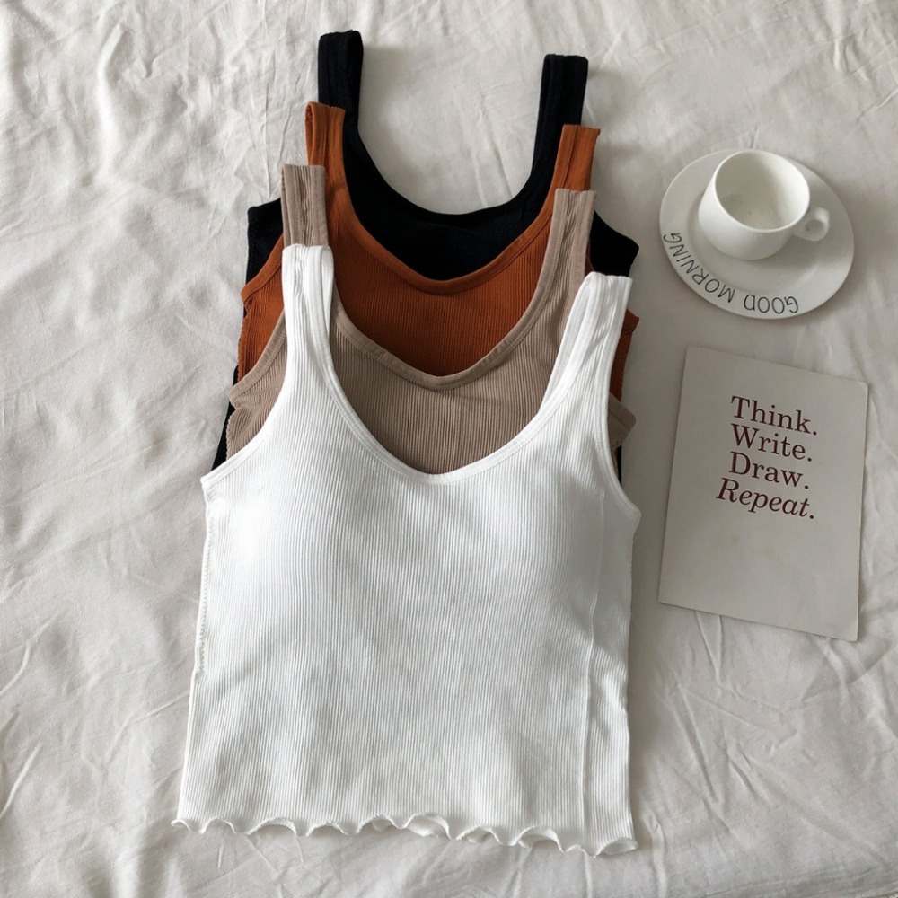 【JDUDS】細肩帶捲邊背心 百搭U領吊帶運動背心 附罩杯彈性內搭背心 時尚簡約領背心 下擺木耳邊 捲邊一體成形Bra-細節圖2