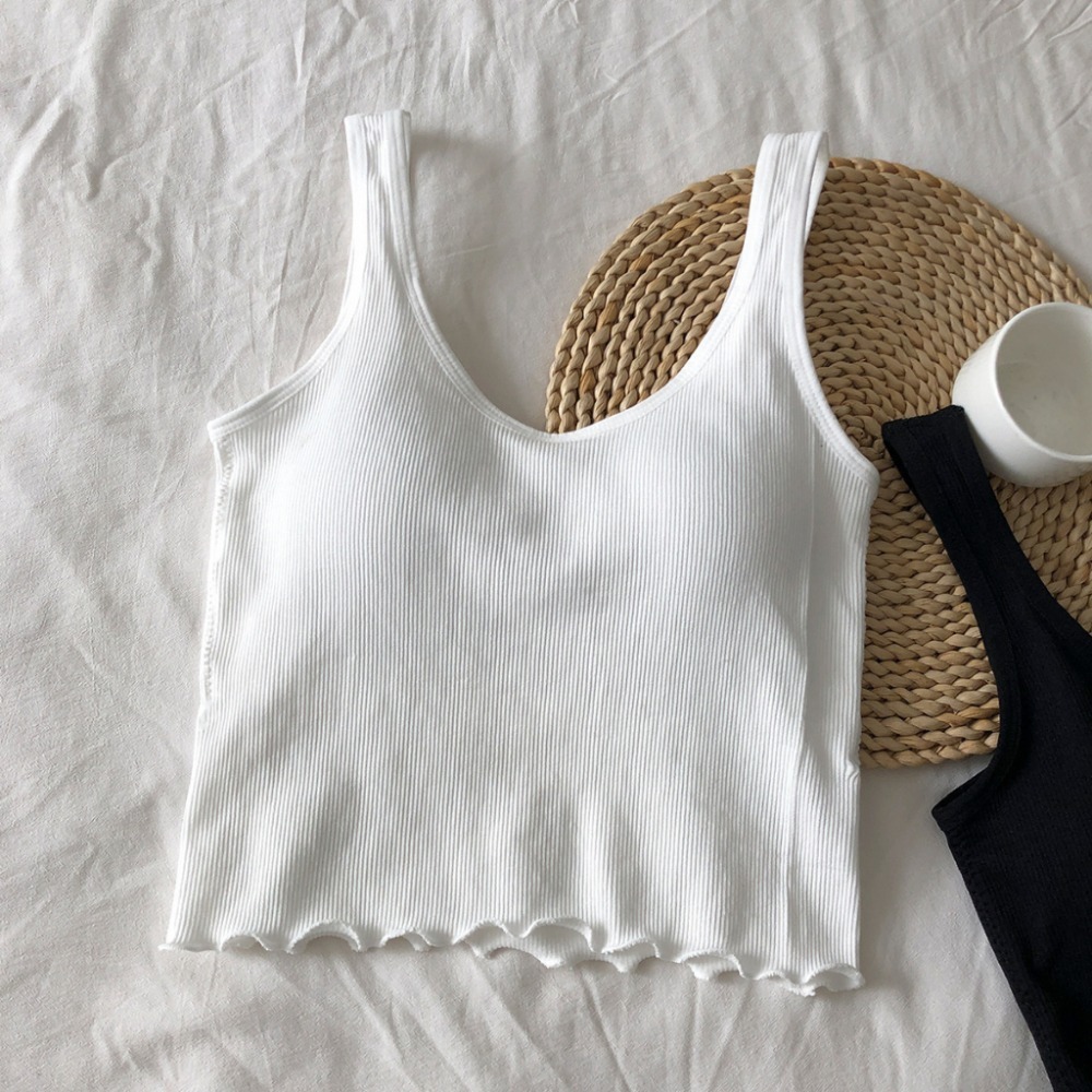 【JDUDS】細肩帶捲邊背心 百搭U領吊帶運動背心 附罩杯彈性內搭背心 時尚簡約領背心 下擺木耳邊 捲邊一體成形Bra-規格圖7