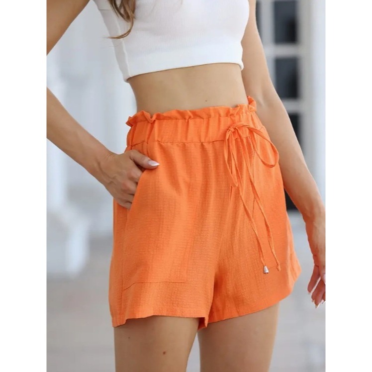 【JDUDS】 花苞綁帶雪紡短褲  高腰闊腿褲 夏季雪紡三分褲 花苞特殊口袋剪裁 調節彈性抽繩短褲 雪紡褲-細節圖3