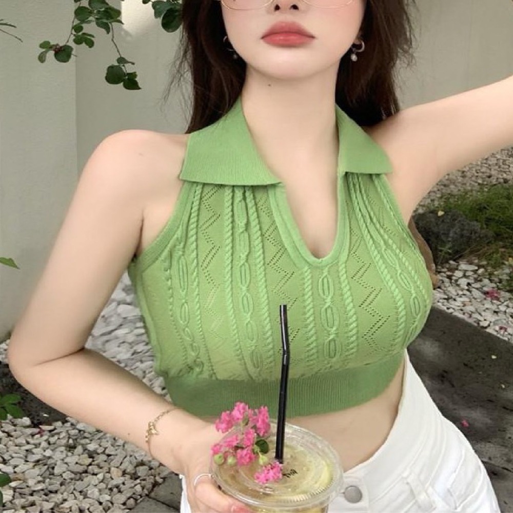 【JDUDS】V領素色針織麻花紋掛脖背心 透氣針織背心 辣妹短款露背露臍上衣 冰絲針織背心 螺紋麻花簍空上衣 掛脖上衣-細節圖6