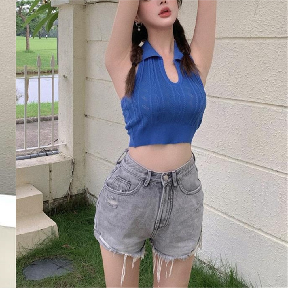 【JDUDS】V領素色針織麻花紋掛脖背心 透氣針織背心 辣妹短款露背露臍上衣 冰絲針織背心 螺紋麻花簍空上衣 掛脖上衣-細節圖3