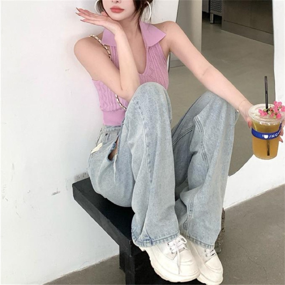 【JDUDS】V領素色針織麻花紋掛脖背心 透氣針織背心 辣妹短款露背露臍上衣 冰絲針織背心 螺紋麻花簍空上衣 掛脖上衣-細節圖4