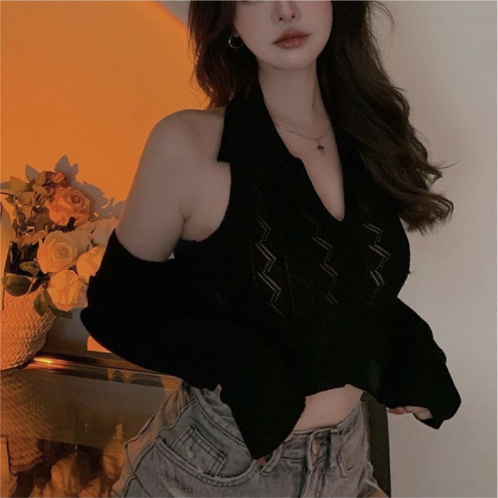 【JDUDS】V領素色針織麻花紋掛脖背心 透氣針織背心 辣妹短款露背露臍上衣 冰絲針織背心 螺紋麻花簍空上衣 掛脖上衣-細節圖7