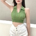 【JDUDS】V領素色針織麻花紋掛脖背心 透氣針織背心 辣妹短款露背露臍上衣 冰絲針織背心 螺紋麻花簍空上衣 掛脖上衣-規格圖9