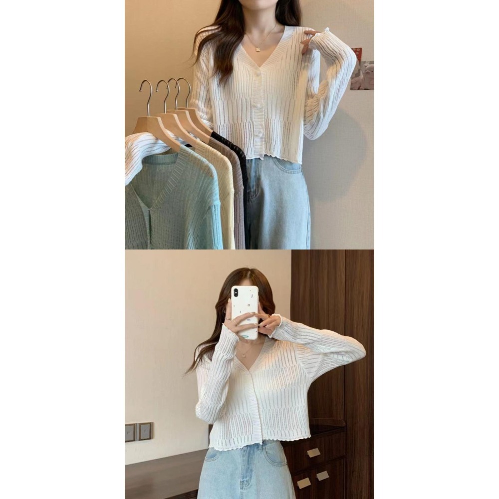 【JDUDS】V領針織排釦罩衫 防曬開衫 修身長袖純色外搭罩衫 仙女氣質長袖 針織皺皺排扣上衣 韓系暖色針織衫-細節圖4