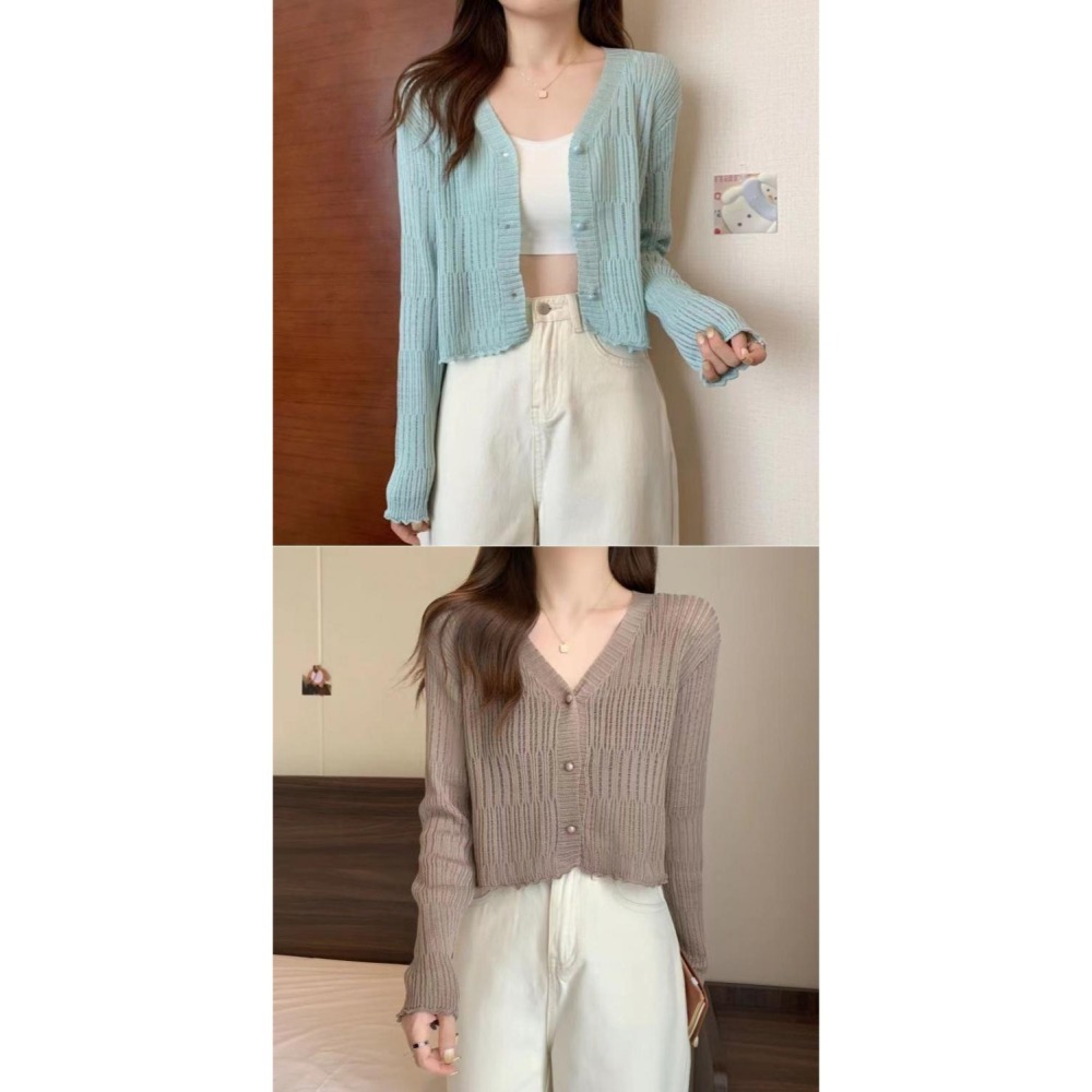 【JDUDS】V領針織排釦罩衫 防曬開衫 修身長袖純色外搭罩衫 仙女氣質長袖 針織皺皺排扣上衣 韓系暖色針織衫-細節圖7