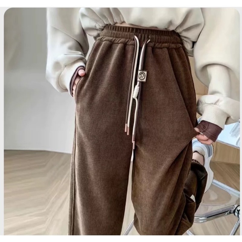 【JDUDS】高腰闊腿褲 燈芯絨高腰闊腿褲 雙抽繩笑臉高腰闊腿褲 抽繩高腰寬褲 高腰寬鬆落地褲 寬鬆顯瘦落地褲-細節圖9