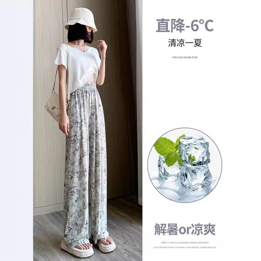 【JDUDS】夏日清涼 碎花筆墨國風冰絲闊腿褲 山本褲 溜灣褲 涼涼褲 休閒褲  闊腿褲-細節圖3