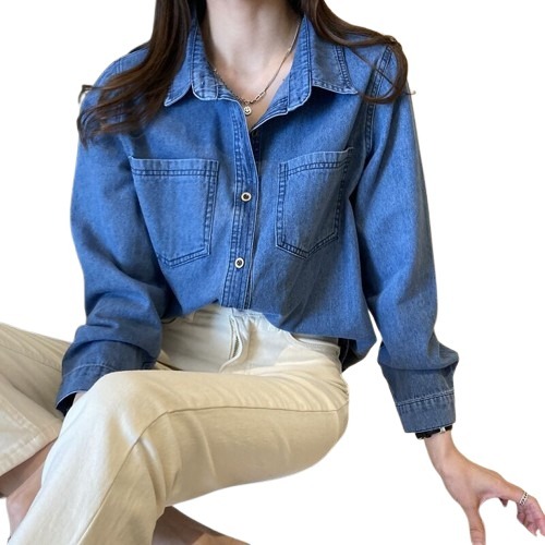 【JDUDS】復古風藍色牛仔襯衫 牛仔外套 牛仔穿搭 文青穿搭 寬版牛仔襯衫 女士牛仔襯衫-細節圖2