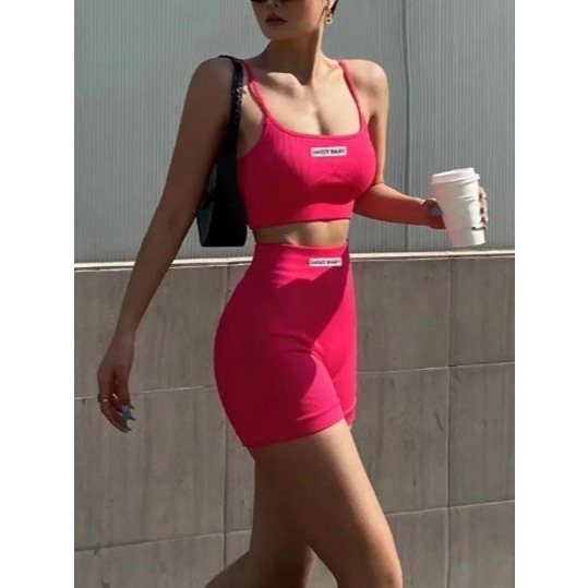 【JDUDS】英文小標螺紋運動休閒背心套裝(背心+褲) 運動套裝 休閒套裝 瑜珈套裝 健身套裝-規格圖6