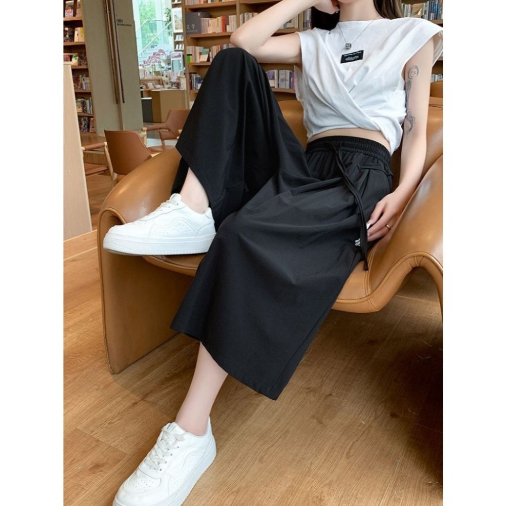 【JDUDS】韓版冰絲薄款雪紡高腰垂感寬鬆直筒寬褲 闊腿褲 冰絲褲裙 高腰褲 寬褲 七分褲裙-細節圖3