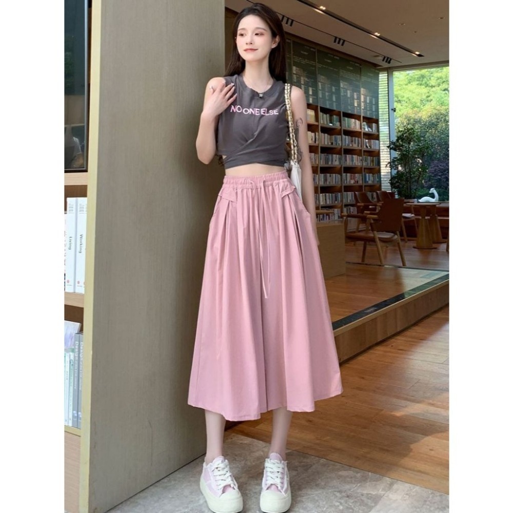 【JDUDS】韓版冰絲薄款雪紡高腰垂感寬鬆直筒寬褲 闊腿褲 冰絲褲裙 高腰褲 寬褲 七分褲裙-細節圖5