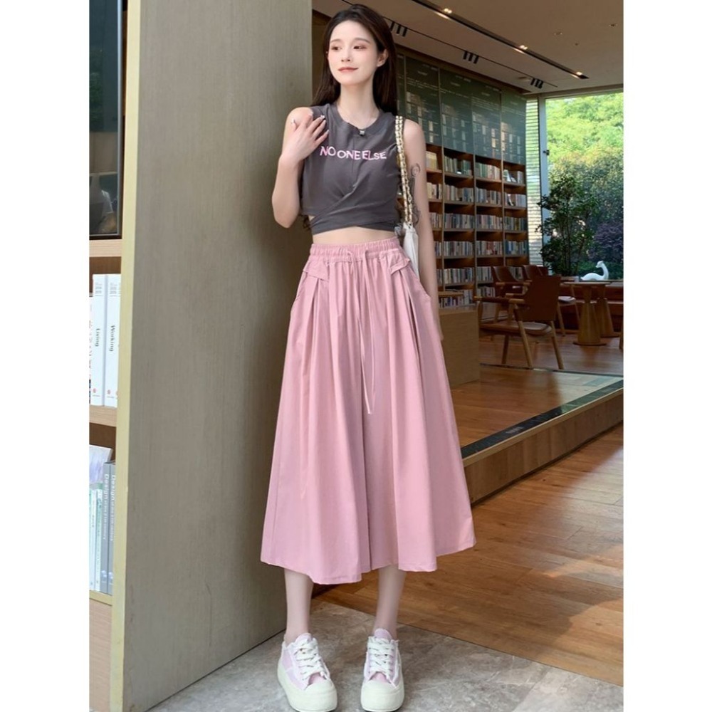 【JDUDS】韓版冰絲薄款雪紡高腰垂感寬鬆直筒寬褲 闊腿褲 冰絲褲裙 高腰褲 寬褲 七分褲裙-規格圖8