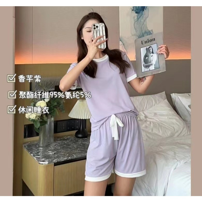 【JDUDS】冰淇淋糖果撞色2件睡衣套裝 衣+褲 春夏冰絲慵懶居家寬鬆睡衣 2件式懶人睡衣 緞帶睡衣-細節圖3