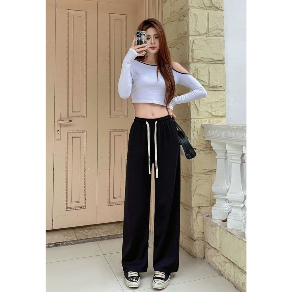 【JDUDS】新款小個滿天星字母腰帶垂墜感闊腿褲  直筒褲 高腰顯瘦 修身款 涼涼褲 休閒女褲  防曬褲  垂感-細節圖3