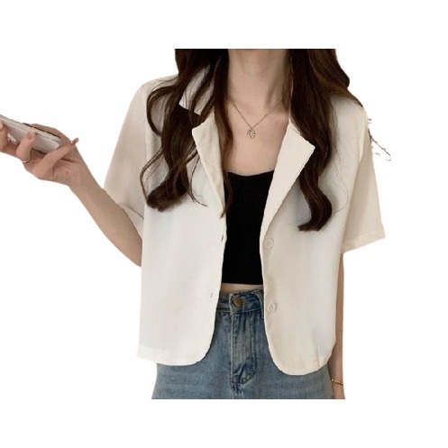 【JDUDS】夏季新款英倫風設計短款西裝外套上衣 西裝領 雙排釦 小個子短袖西服上衣 拼接上衣 氣質通勤 修身款上衣-細節圖2