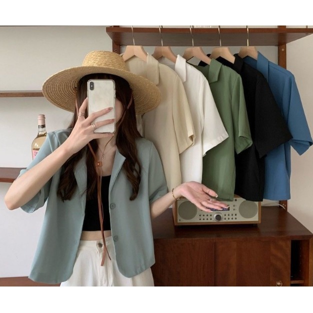 【JDUDS】夏季新款英倫風設計短款西裝外套上衣 西裝領 雙排釦 小個子短袖西服上衣 拼接上衣 氣質通勤 修身款上衣-細節圖3