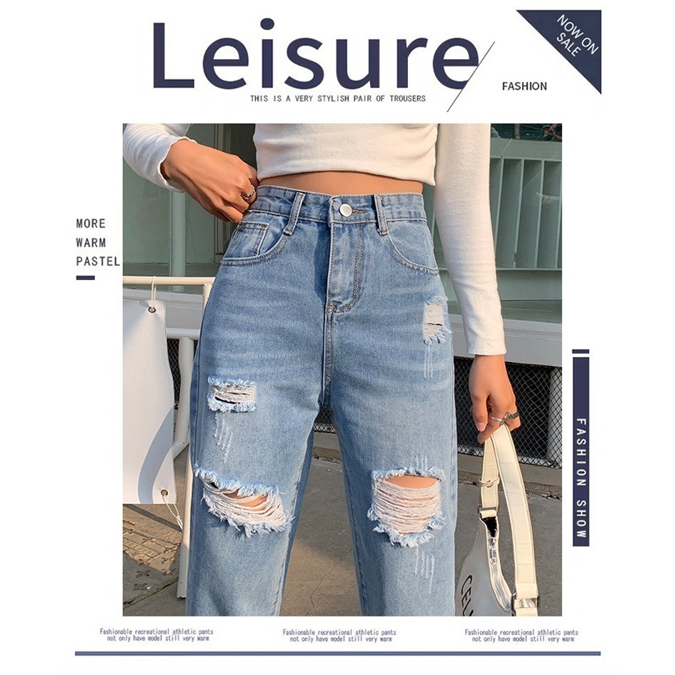 【JDUDS】春夏爆款 女 設計款淺藍直筒九分牛仔寬鬆顯瘦高腰哈倫老爹褲 男友褲 刷破褲 棉褲 長褲 水洗褲 磨破褲-細節圖4