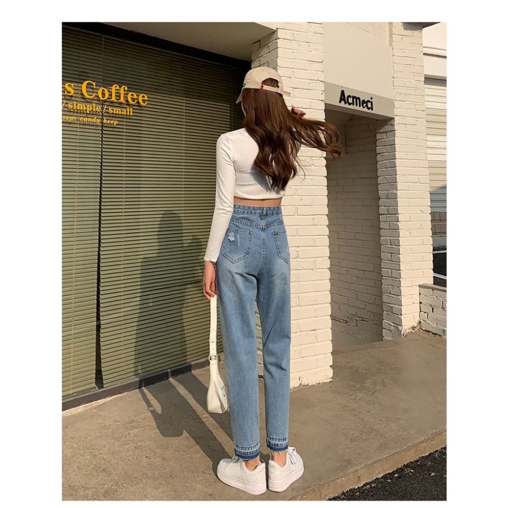 【JDUDS】春夏爆款 女 設計款淺藍直筒九分牛仔寬鬆顯瘦高腰哈倫老爹褲 男友褲 刷破褲 棉褲 長褲 水洗褲 磨破褲-細節圖5