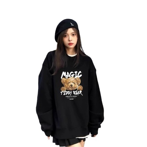 【JDUDS】日系小熊圓領長袖大學T  寬鬆大尺碼上衣  男女皆可穿　熊熊大學T  薄刷毛大學T-細節圖2