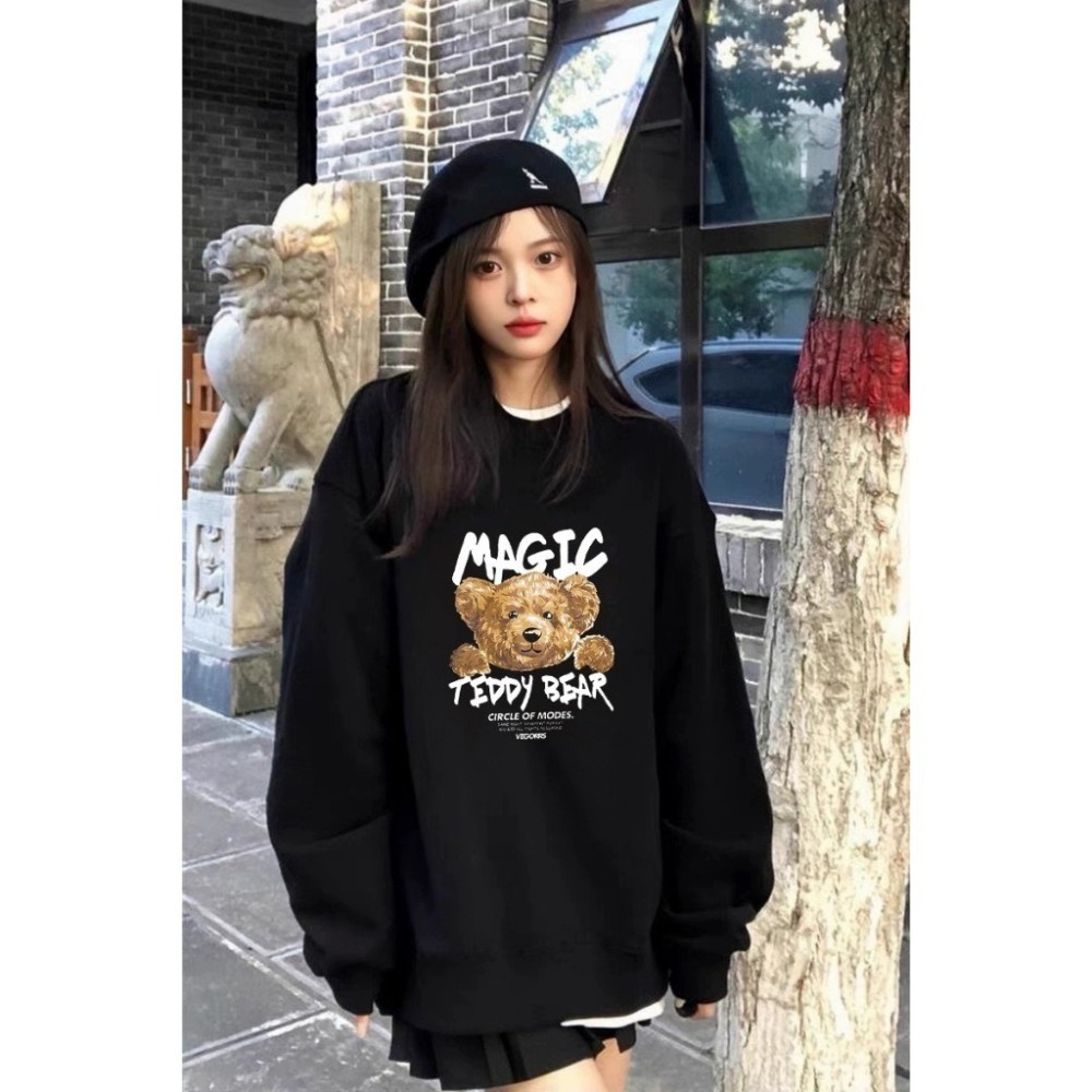 【JDUDS】日系小熊圓領長袖大學T  寬鬆大尺碼上衣  男女皆可穿　熊熊大學T  薄刷毛大學T-細節圖3