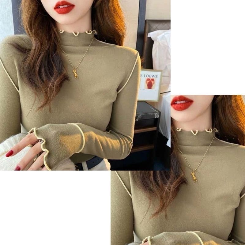 【JDUDS】德絨木耳邊撞色打底長袖上衣 木耳邊打底長袖上衣 撞色打底長袖上衣 半高領木耳邊長袖-細節圖7