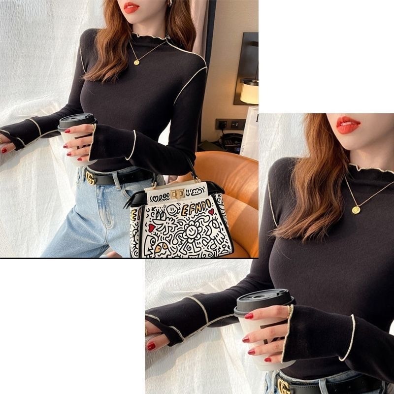 【JDUDS】德絨木耳邊撞色打底長袖上衣 木耳邊打底長袖上衣 撞色打底長袖上衣 半高領木耳邊長袖-細節圖8