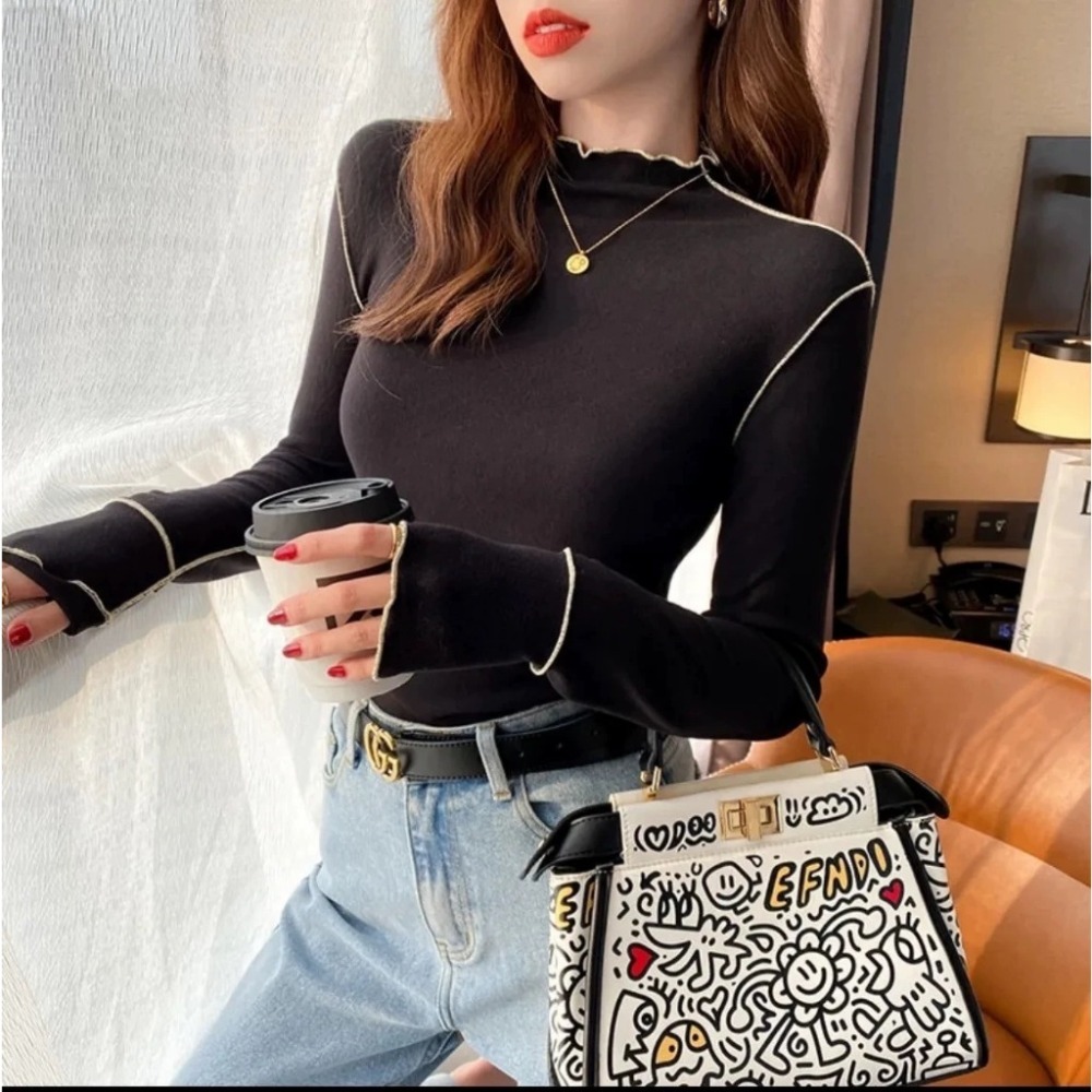 【JDUDS】德絨木耳邊撞色打底長袖上衣 木耳邊打底長袖上衣 撞色打底長袖上衣 半高領木耳邊長袖-規格圖9