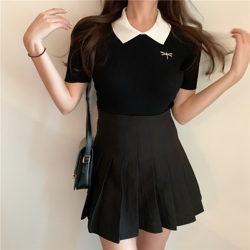 【JDUDS】蜻蜓刺繡針織短袖polo衫 針織條紋上衣 翻領拼色上衣 刺繡小標上衣-細節圖4