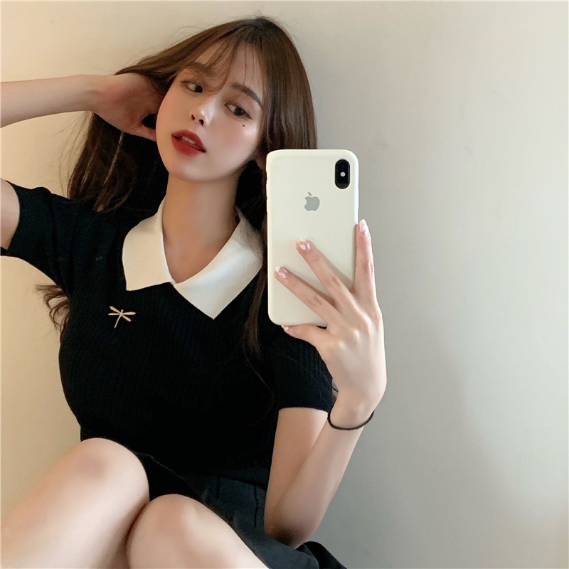 【JDUDS】蜻蜓刺繡針織短袖polo衫 針織條紋上衣 翻領拼色上衣 刺繡小標上衣-細節圖5