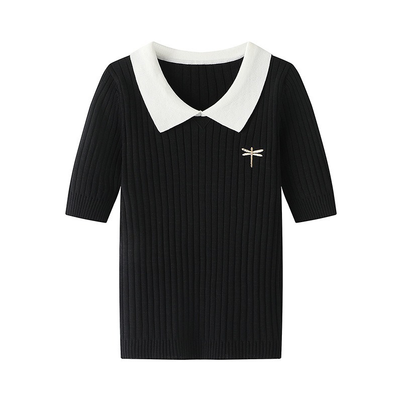 【JDUDS】蜻蜓刺繡針織短袖polo衫 針織條紋上衣 翻領拼色上衣 刺繡小標上衣-細節圖7