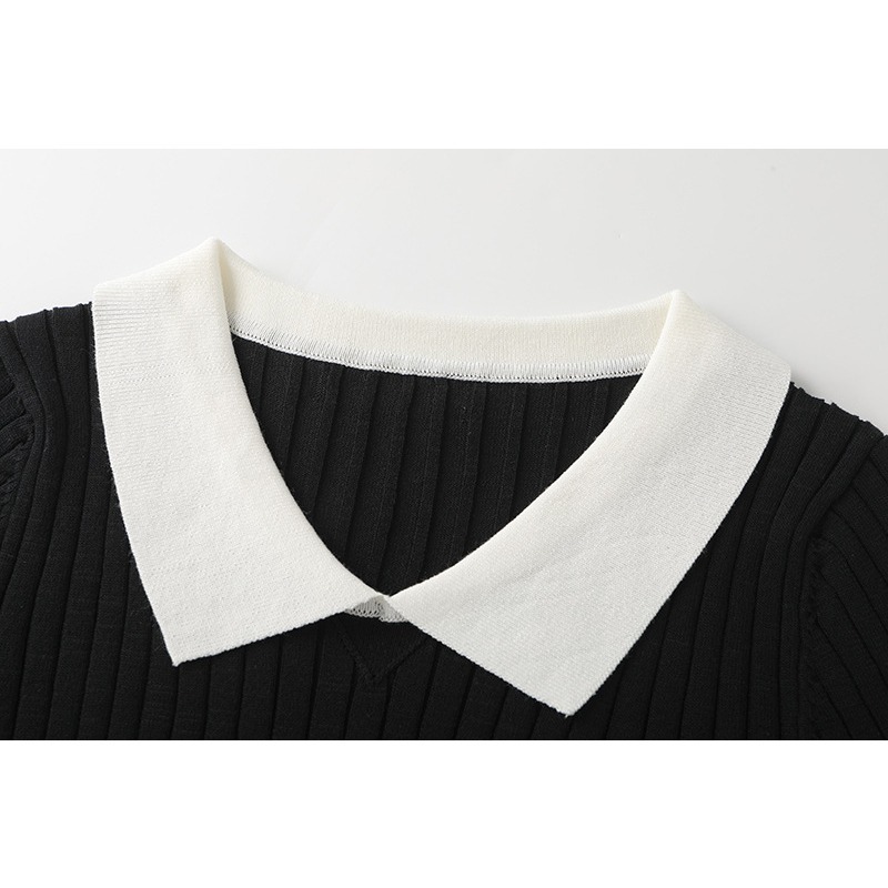 【JDUDS】蜻蜓刺繡針織短袖polo衫 針織條紋上衣 翻領拼色上衣 刺繡小標上衣-細節圖8