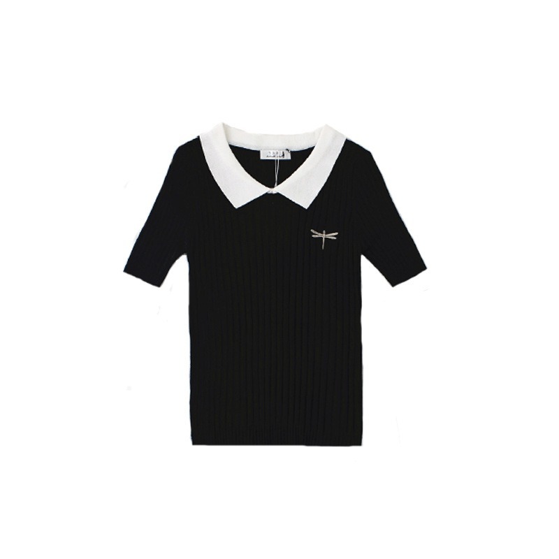 【JDUDS】蜻蜓刺繡針織短袖polo衫 針織條紋上衣 翻領拼色上衣 刺繡小標上衣-規格圖9