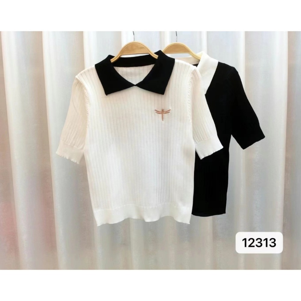 【JDUDS】蜻蜓刺繡針織短袖polo衫 針織條紋上衣 翻領拼色上衣 刺繡小標上衣-規格圖9