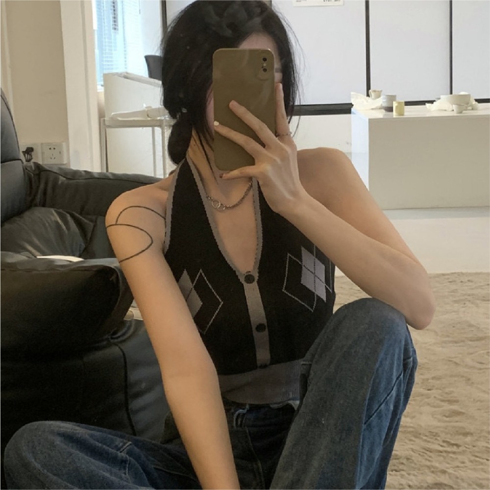 【JDUDS】美式露背菱格短款背心  甜辣純欲風 吊帶背心 冰絲上衣 短款背心 掛脖針織背心-細節圖2